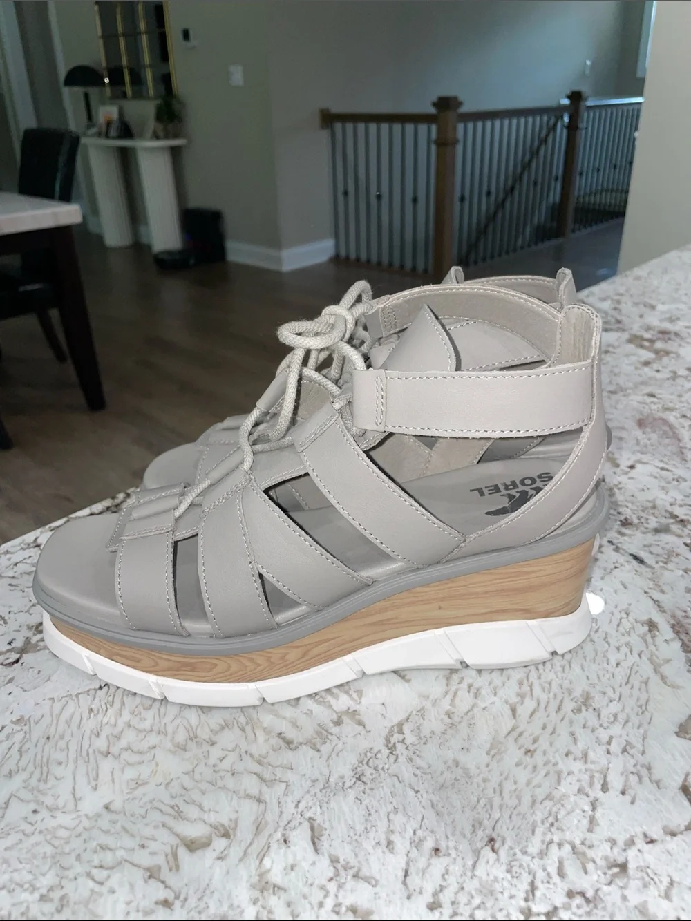 Sorel Light Gray Lace-Up Wedge Sandals